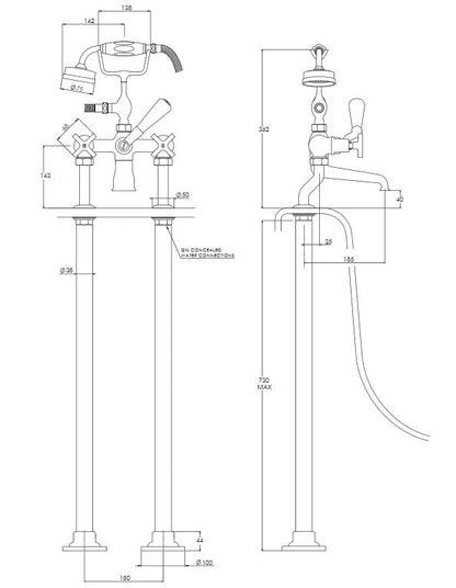 Lefroy Brooks Mackintosh Bath Shower Mixer With Adjustable Pipe Sleeves For Rim Mounting  - Chrome
