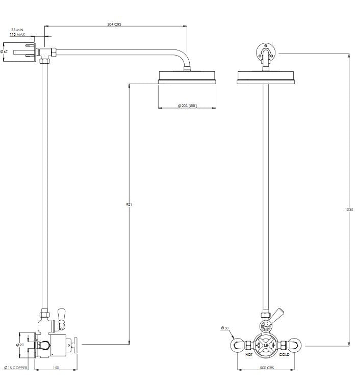 Lefroy Brooks Mackintosh Shower Valve with Riser & 8" Rose - A/Gold