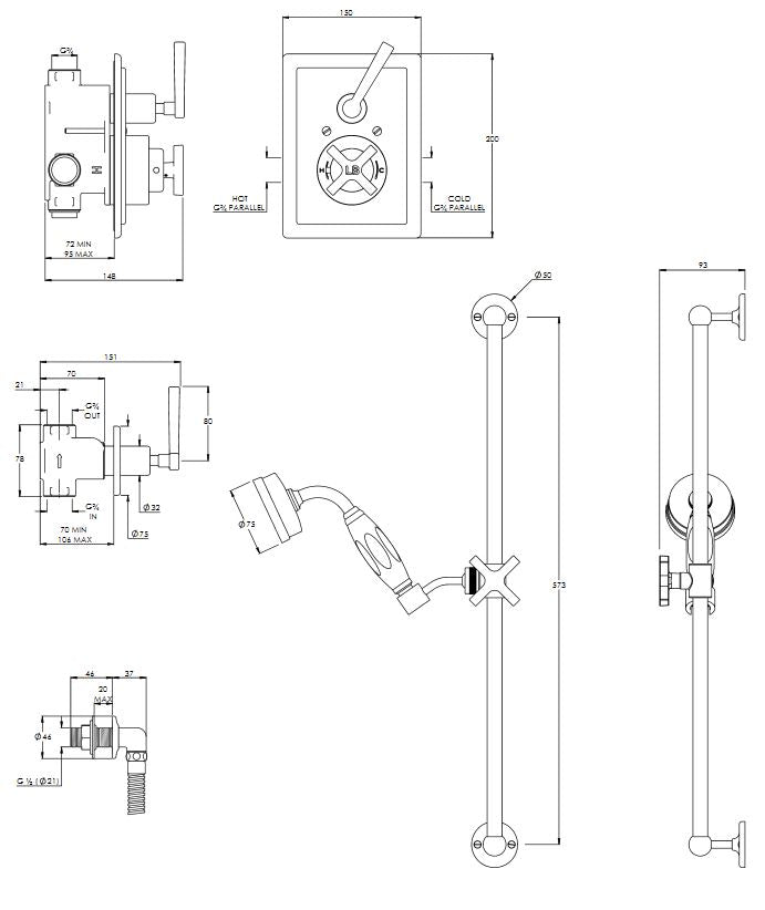 Lefroy Brooks Mackintosh Shower Valve & Slide Rail Shower Kit - A/Gold