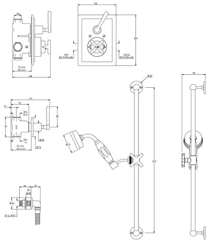 Lefroy Brooks Mackintosh Shower Valve & Slide Rail Shower Kit - A/Gold