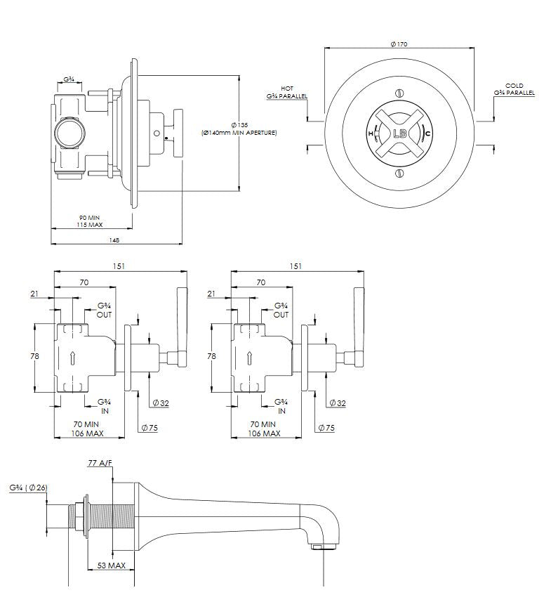 Lefroy Brooks Mackintosh Archipelago Thermostatic Bath Shower Mixer - Chrome