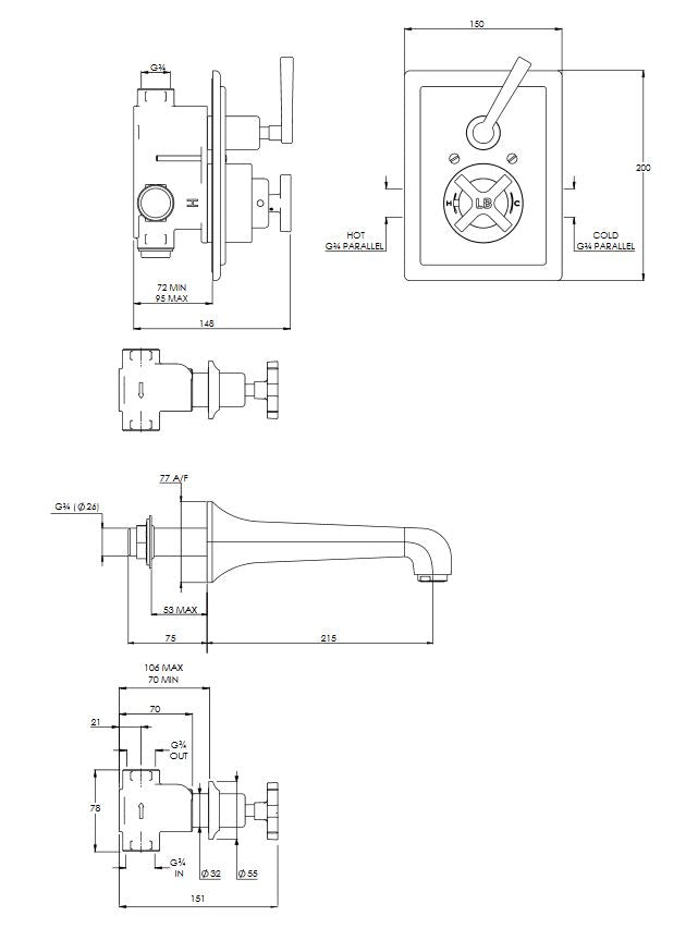 Lefroy Brooks Mackintosh Concealed Thermostatic Shower Valve With Manual Bath Fill - Antique Gold