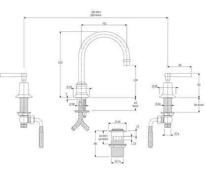 Lefroy Brooks Mackintosh Lever Tubular 3 Hole Basin Mixer With Click Clack Waste (choose finish)