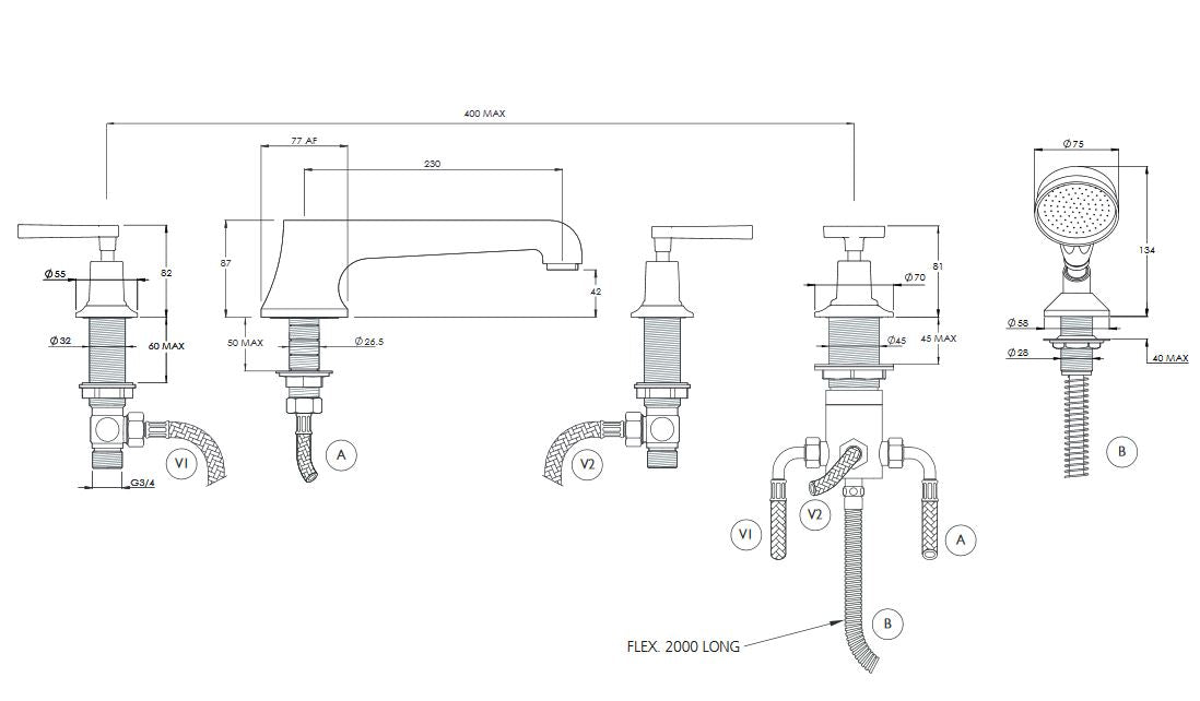 Lefroy Brooks Mackintosh Lever 5 Hole Bath Set with Diverter & Handshower - Polished Brass