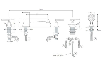 Lefroy Brooks Mackintosh Lever 5 Hole Bath Set with Diverter & Handshower - Polished Brass