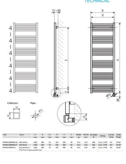 Crosswater MPRO 480 x 1380mm Electric Towel Rail Matt Black