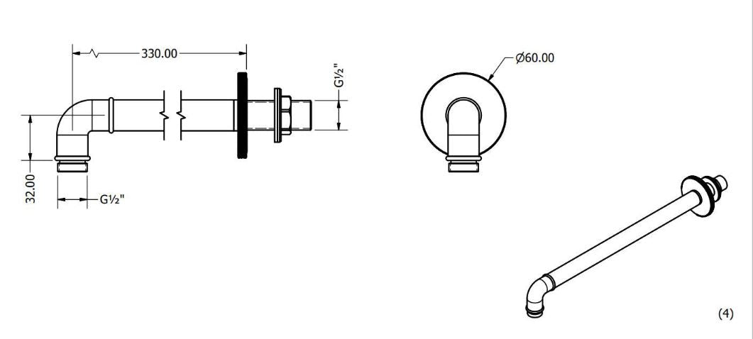 MPRO Industrial Wall Shower Arm 330mm Unlacquered Brass