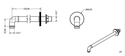 MPRO Industrial Wall Shower Arm 330mm Unlacquered Brass