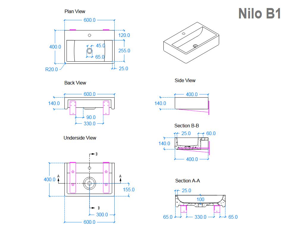Kast Nilo Basin 600 x 400mm (Choose Colour)