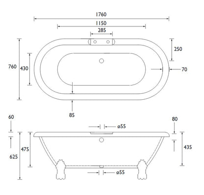 Heritage Oban Double ended Roll Top Bath 2 Tap Hole -White