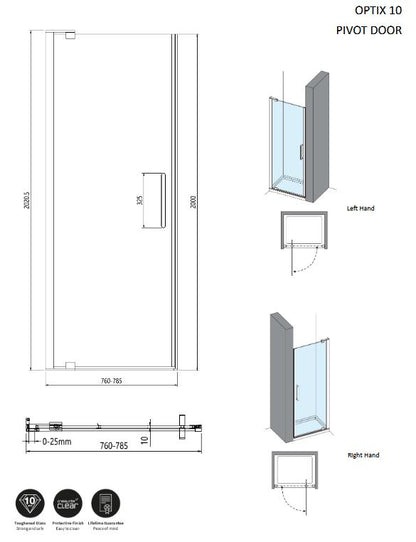Crosswater Optix 10 Pivot Door 800mm - Brushed Brass
