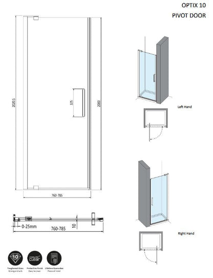 Optix 10 Pivot Door 800mm - Stainless Steel Shower Door