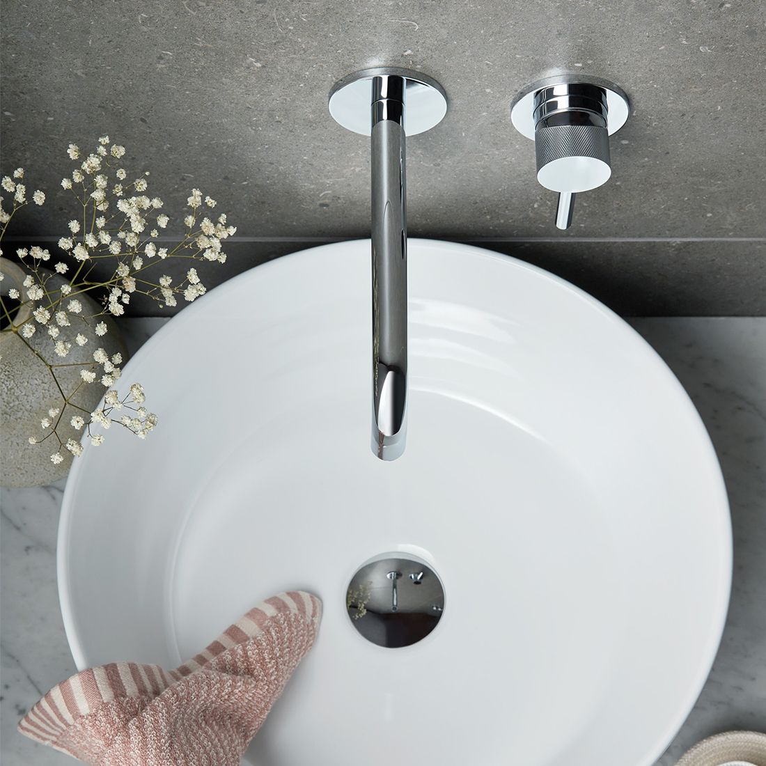VADO Knurled Accents Slimline Wall Mounted Basin Mixer 180mm Spout