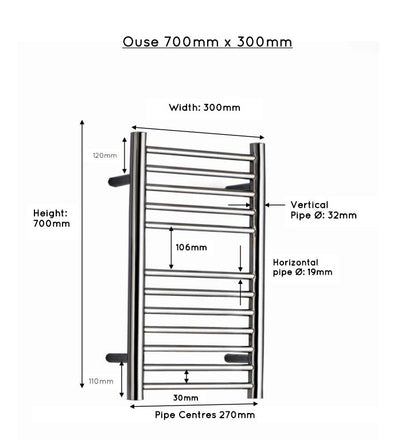 JIS Ouse 700 x 300mm Stainless Steel Heated Towel Rail