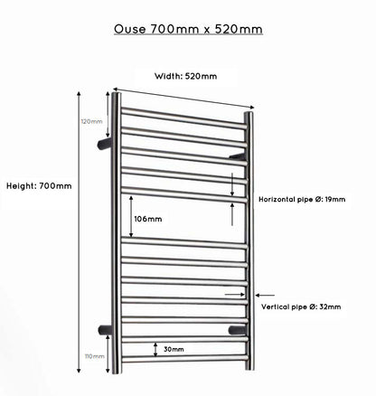 JIS Ouse 700 x 520mm Stainless Steel Heated Towel Rail
