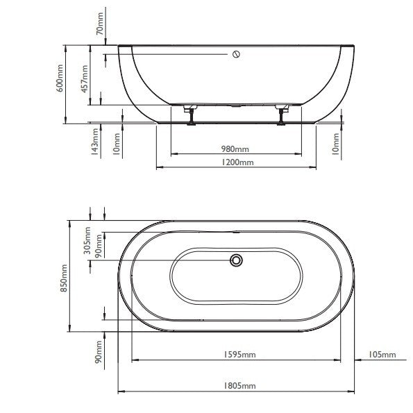 BC Designs Ovali 1805 x 850mm Double Ended Free Standing Bath White Gloss