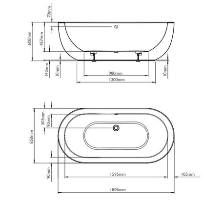 BC Designs Ovali 1805 x 850mm Double Ended Free Standing Bath White Gloss