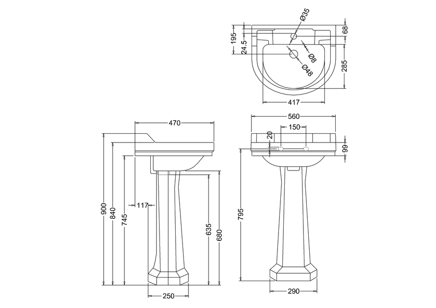 Burlington Round Edwardian 560mm 1 Tap Hole Basin