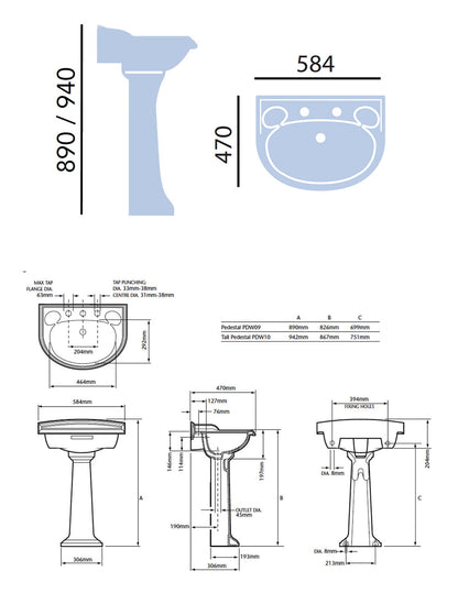 Heritage Dorchester Medium Basin With Full Pedestal 584mm
