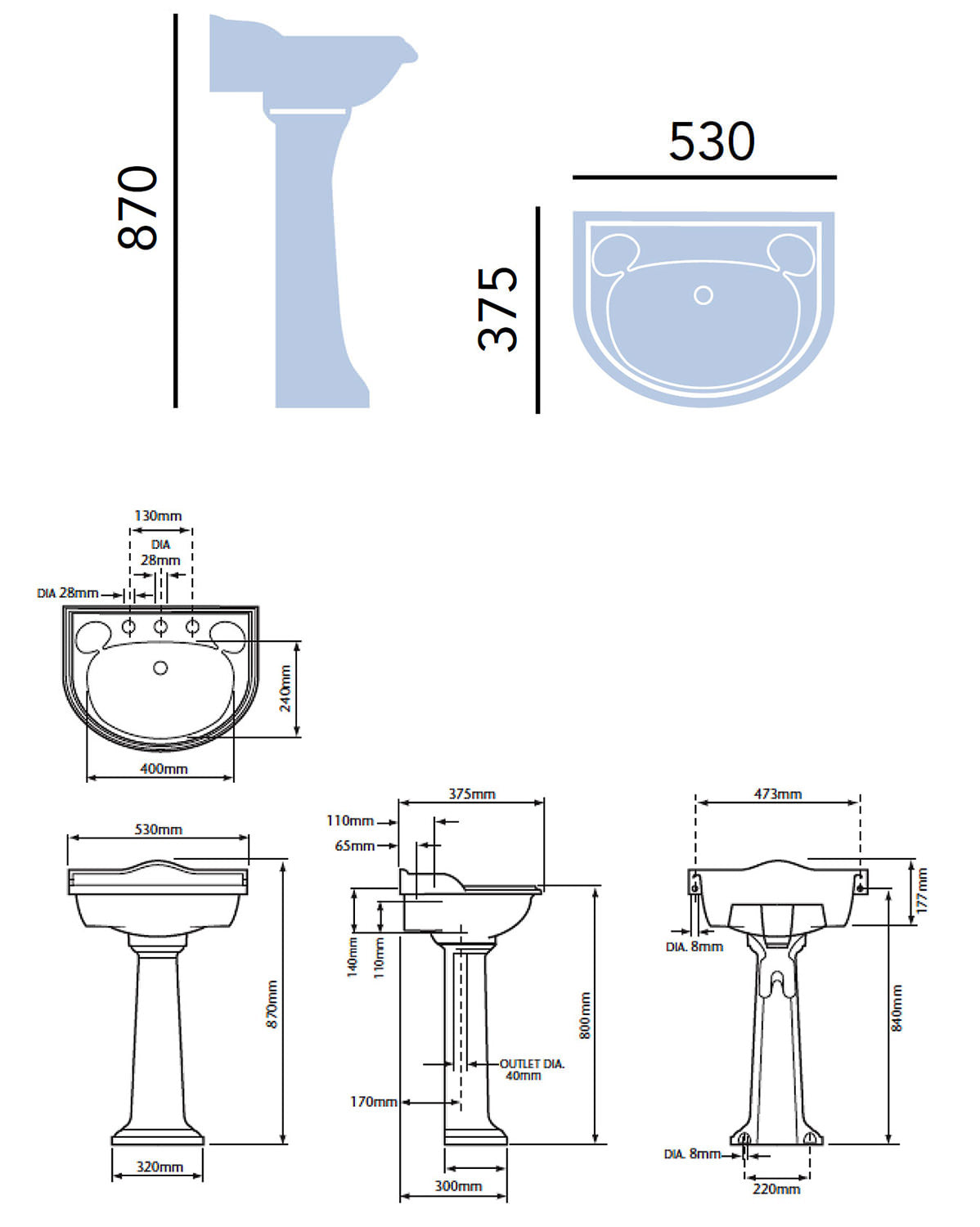 Heritage Dorchester Cloakroom Basin With Full Pedestal 530mm