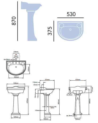 Heritage Dorchester Cloakroom Basin With Full Pedestal 530mm