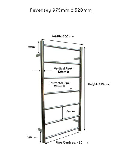 JIS Pevensey 975 x 520mm Stainless Steel Heated Towel Rail