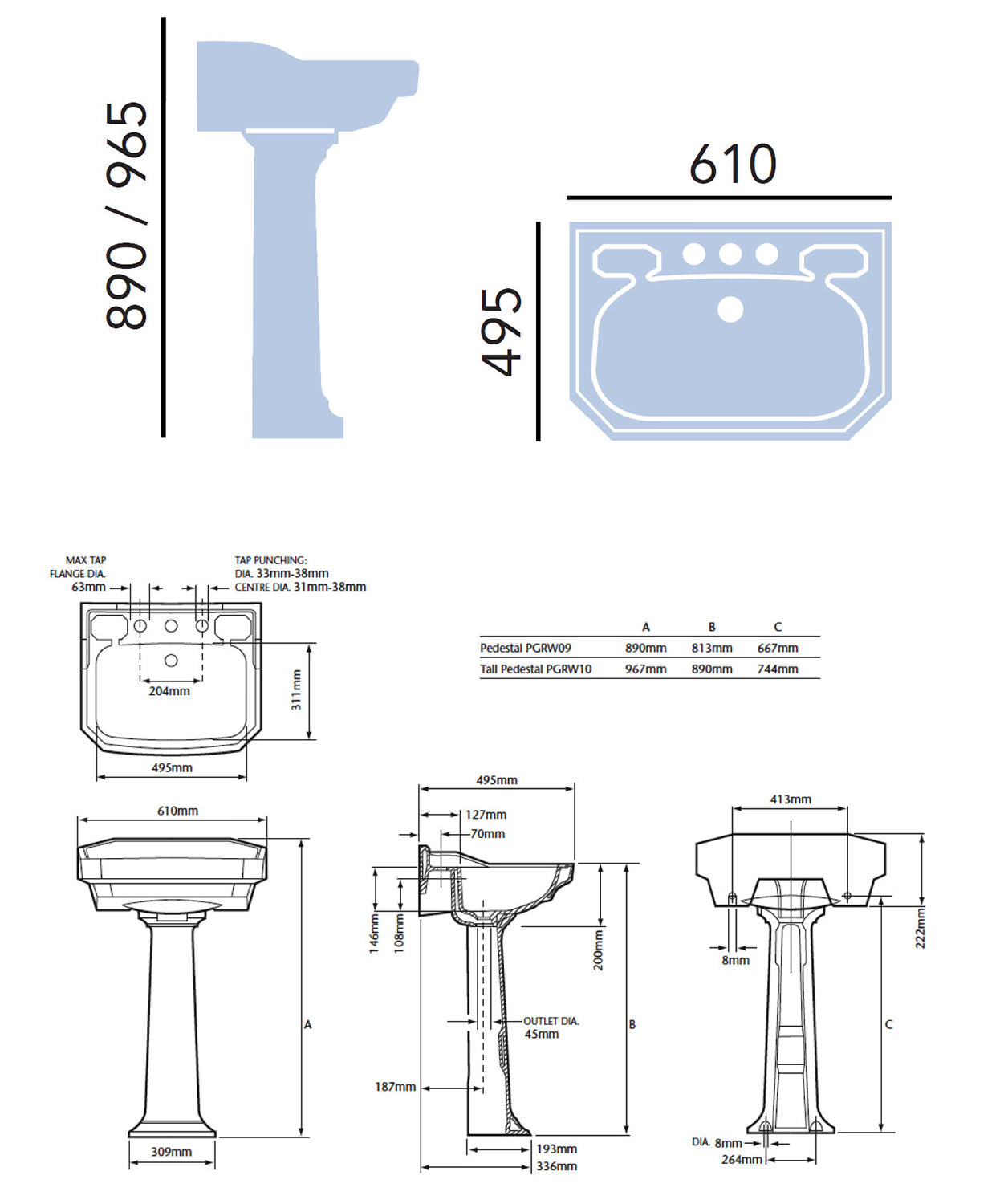 Heritage Granley Standard Basin With Full Pedestal 610mm