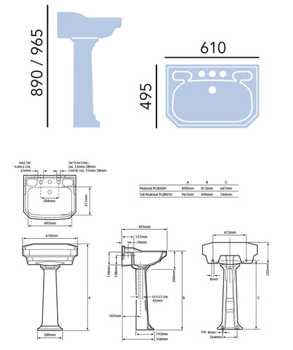 Heritage Granley Standard Basin With Full Pedestal 610mm