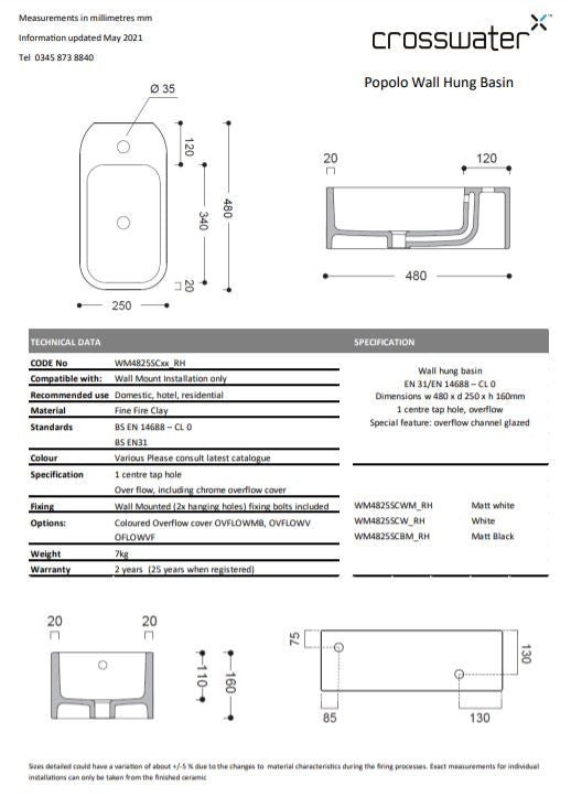 Crosswater Popolo Cloakroom Basin - Matt Black Left Handed - 480mm x 250mm