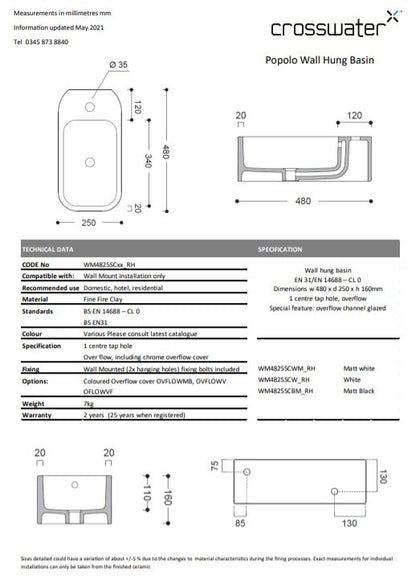 Crosswater Popolo Cloakroom Basin - Matt Black Left Handed - 480mm x 250mm