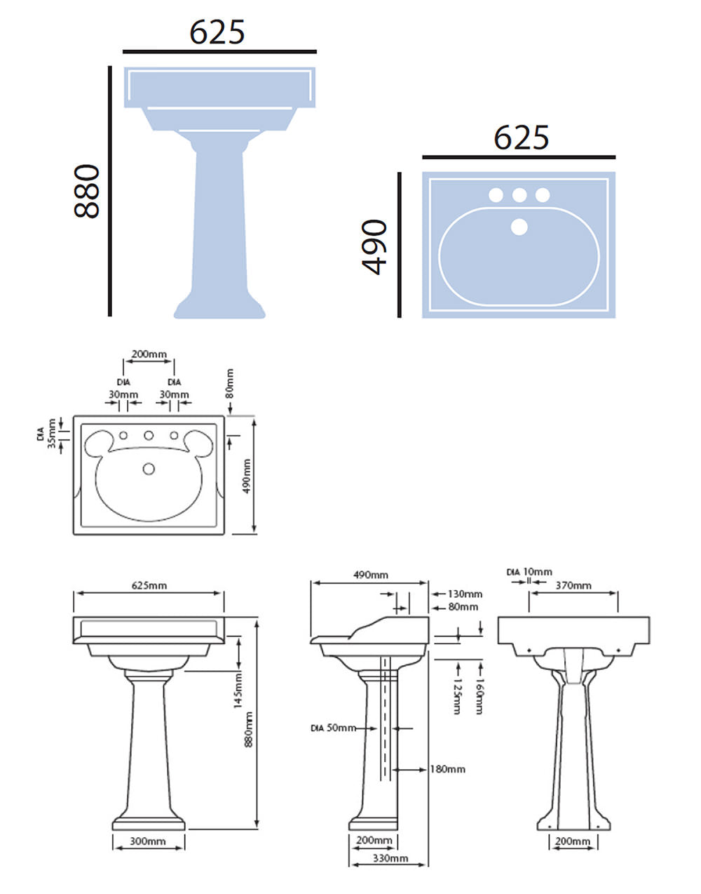 Heritage Dorchester Square Basin With Full Pedestal 625mm