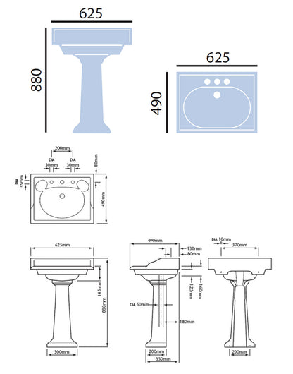 Heritage Dorchester Square Basin With Full Pedestal 625mm