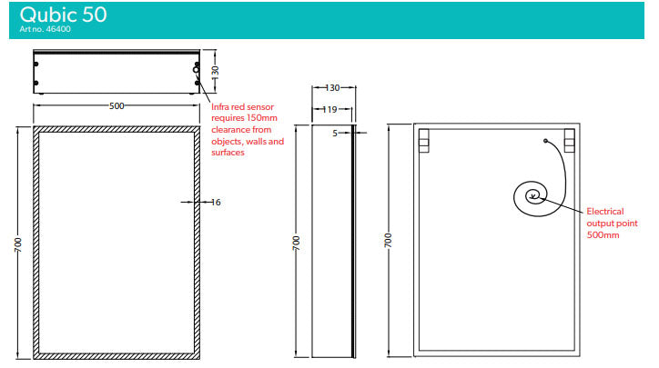 HIB Qubic 50 LED Mirror Cabinet 500x700mm w/ Charging Socket