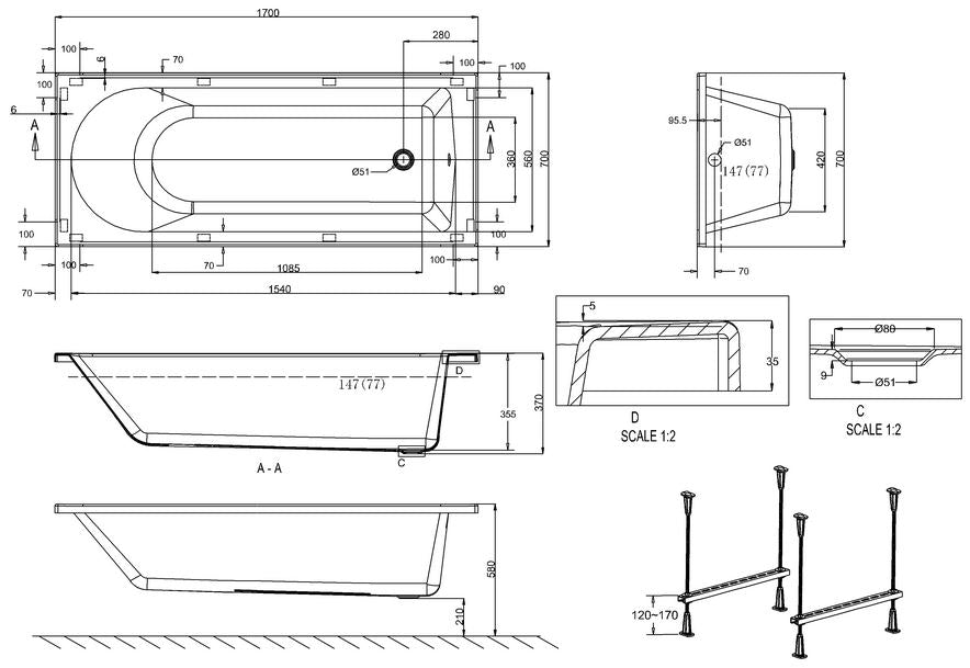 Reuse 1700 x 700 x 370mm Bath - White Gloss Finish