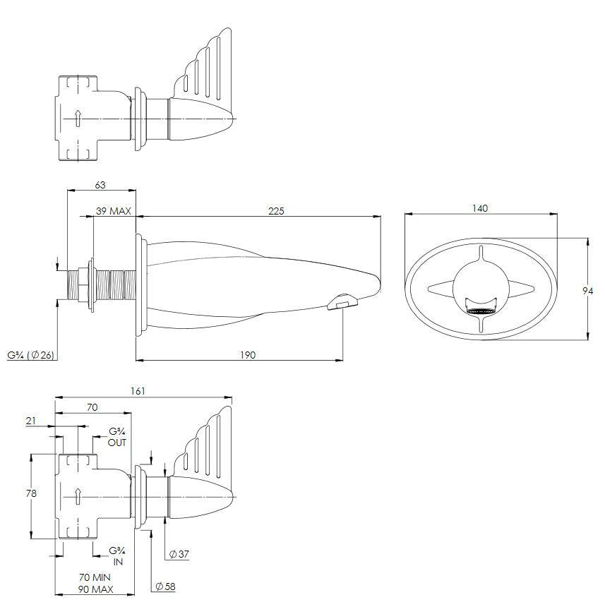 Lefroy Brooks Belle Aire Wall Mounted 3 Hole Lever Bath Filler (choose finish)