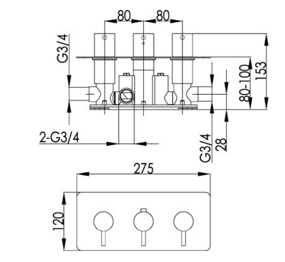 Just Taps Inox Thermostatic Concealed 3 Outlet Shower Valve, Horizontal