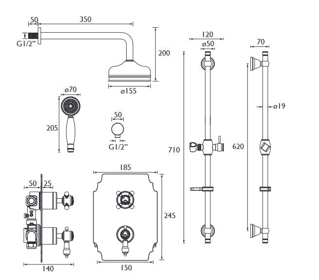 Glastonbury Recessed Shower Valve w/ Fixed Head & Riser Kit