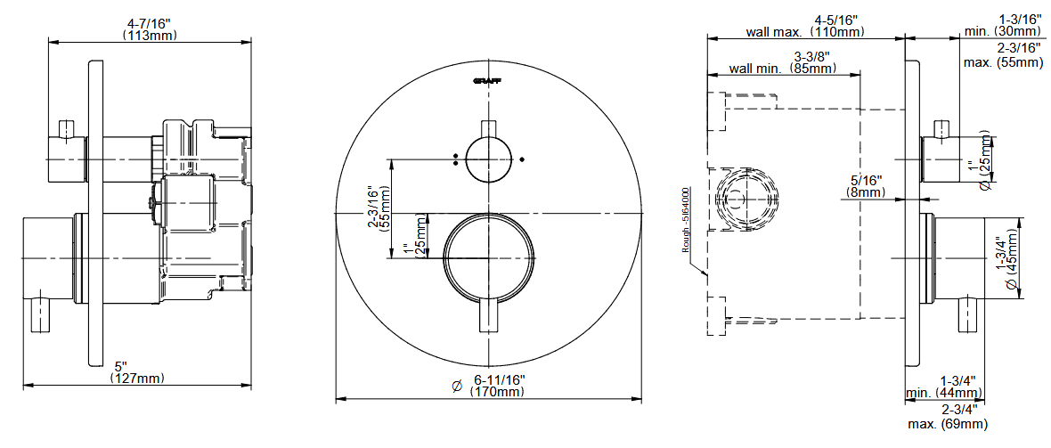UNI-BOX - 3/4" Concealed Thermostatic Diverter With 2 outlets - Exposed Parts