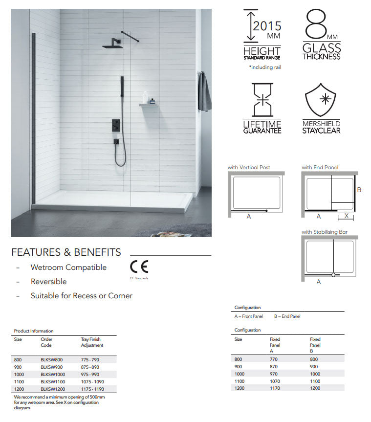 Merlyn Black Framless Showerwall 1000mm