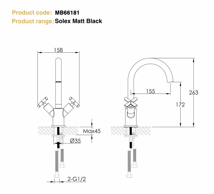 Just Taps Plus Solex Crosshead Monobloc Basin Mixer Matt Black