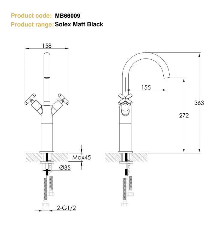 Just Taps Plus Solex Crosshead Tall Monobloc Basin Mixer Matt Black