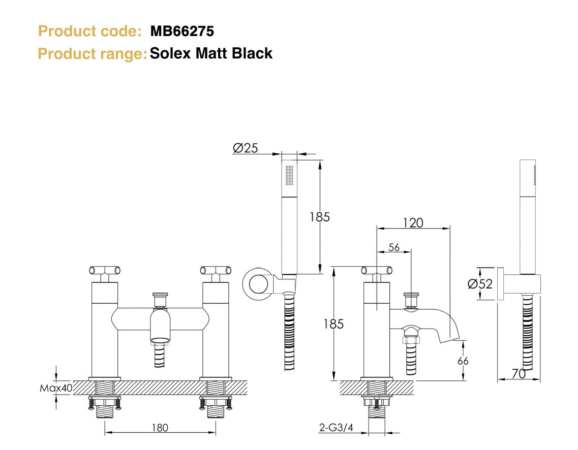 Just Taps Plus Solex Crosshead Bath Shower Mixer With Handset Matt Black