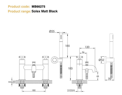 Just Taps Plus Solex Crosshead Bath Shower Mixer With Handset Matt Black