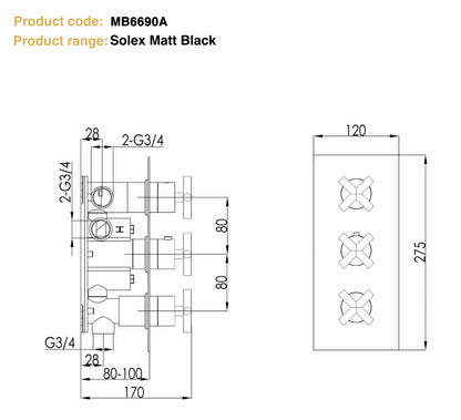 Just Taps Plus Solex Crosshead Recessed Vertical Thermostatic Shower Valve (3 Outlet) Matt Black