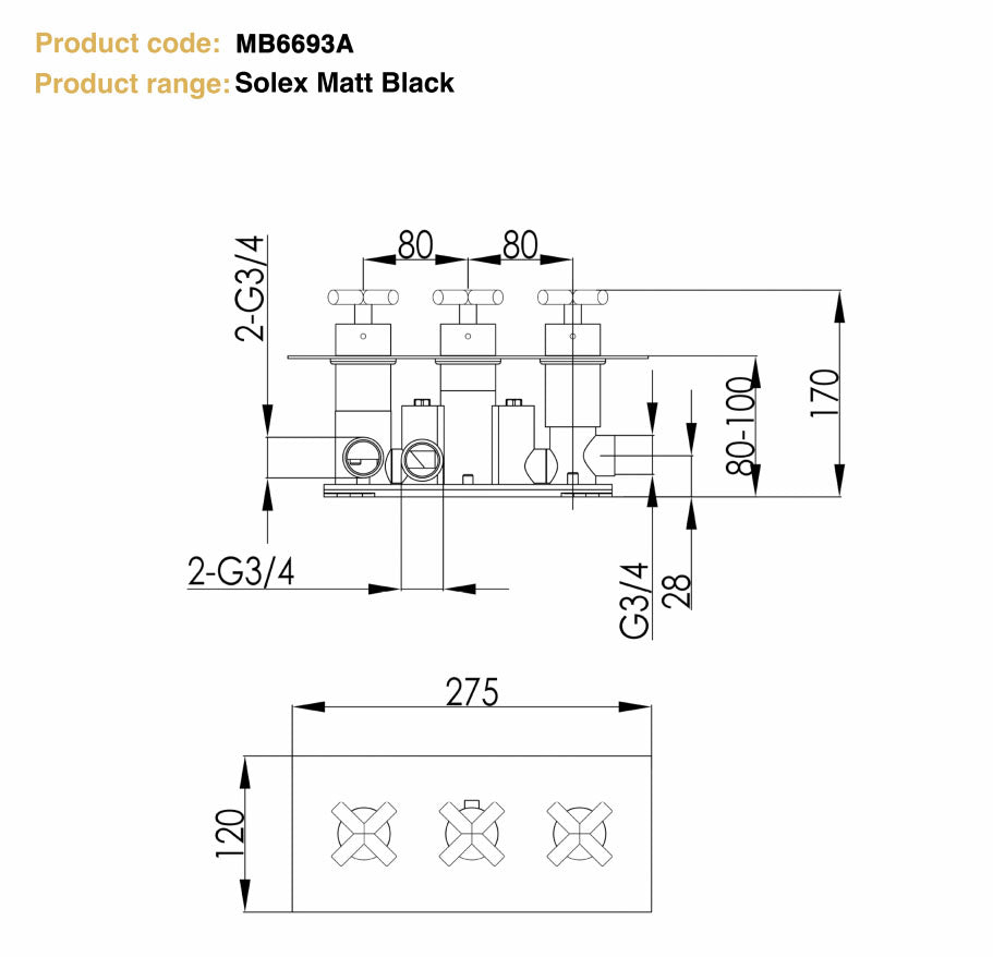 Just Taps Plus Solex Crosshead Recessed Horizontal Thermostatic Shower Valve (2 Outlet) Matt Black