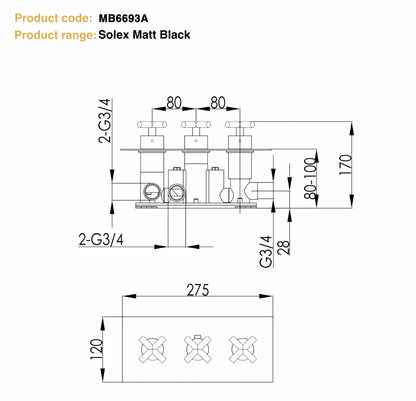 Just Taps Plus Solex Crosshead Recessed Horizontal Thermostatic Shower Valve (3 Outlet) Matt Black