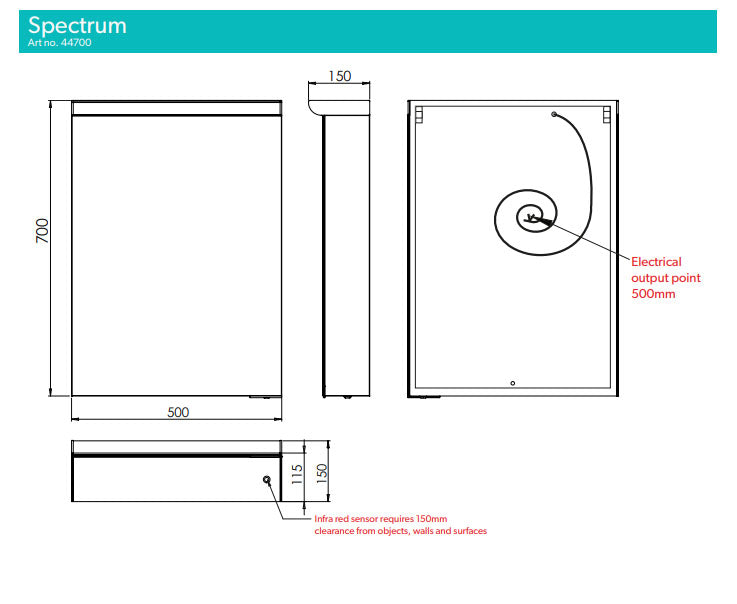 HIB Spectrum 700 x 500mm Single door cabinet with LED top illumination, soft close, internal shaver socket, adjustable shelves and Mirrored sides
