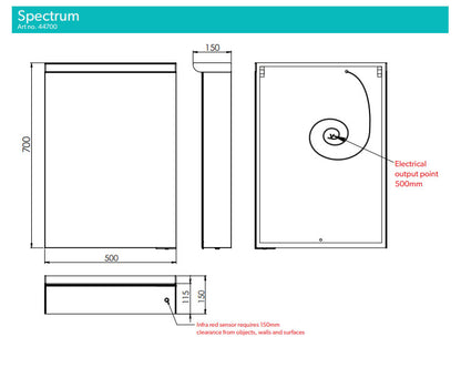 HIB Spectrum 700 x 500mm Single door cabinet with LED top illumination, soft close, internal shaver socket, adjustable shelves and Mirrored sides