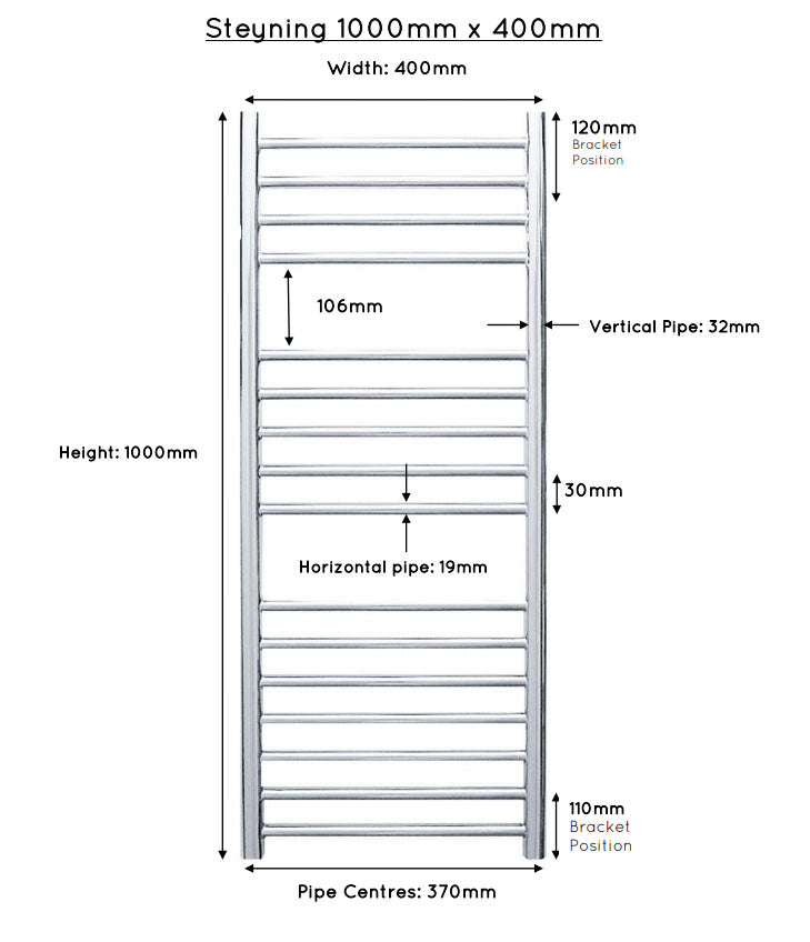 JIS Steyning 1000 x 400mm Stainless Steel Heated Towel Rail