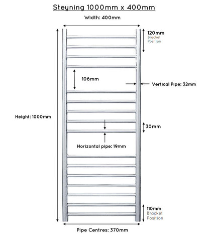 JIS Steyning 1000 x 400mm Stainless Steel Heated Towel Rail